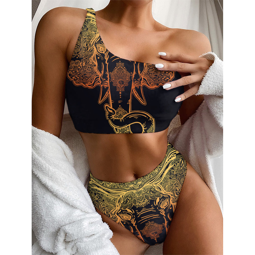 Spiritual Elephant Mandala Print One Shoulder Bikini Top