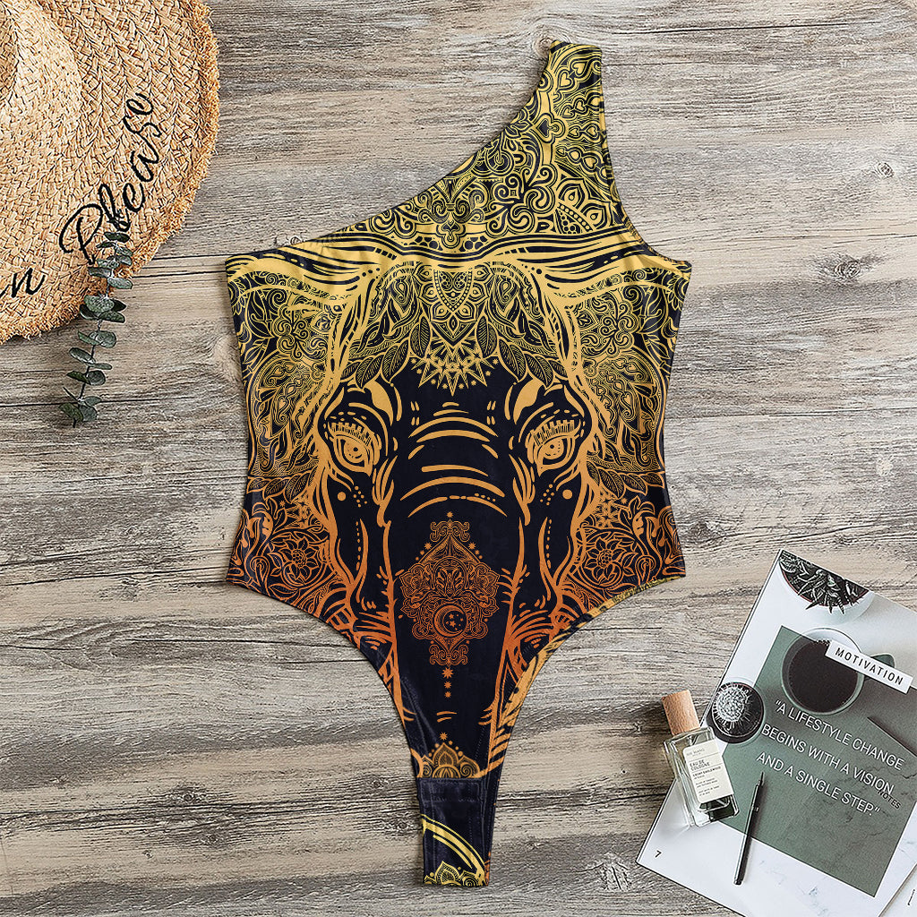 Spiritual Elephant Mandala Print One Shoulder Bodysuit