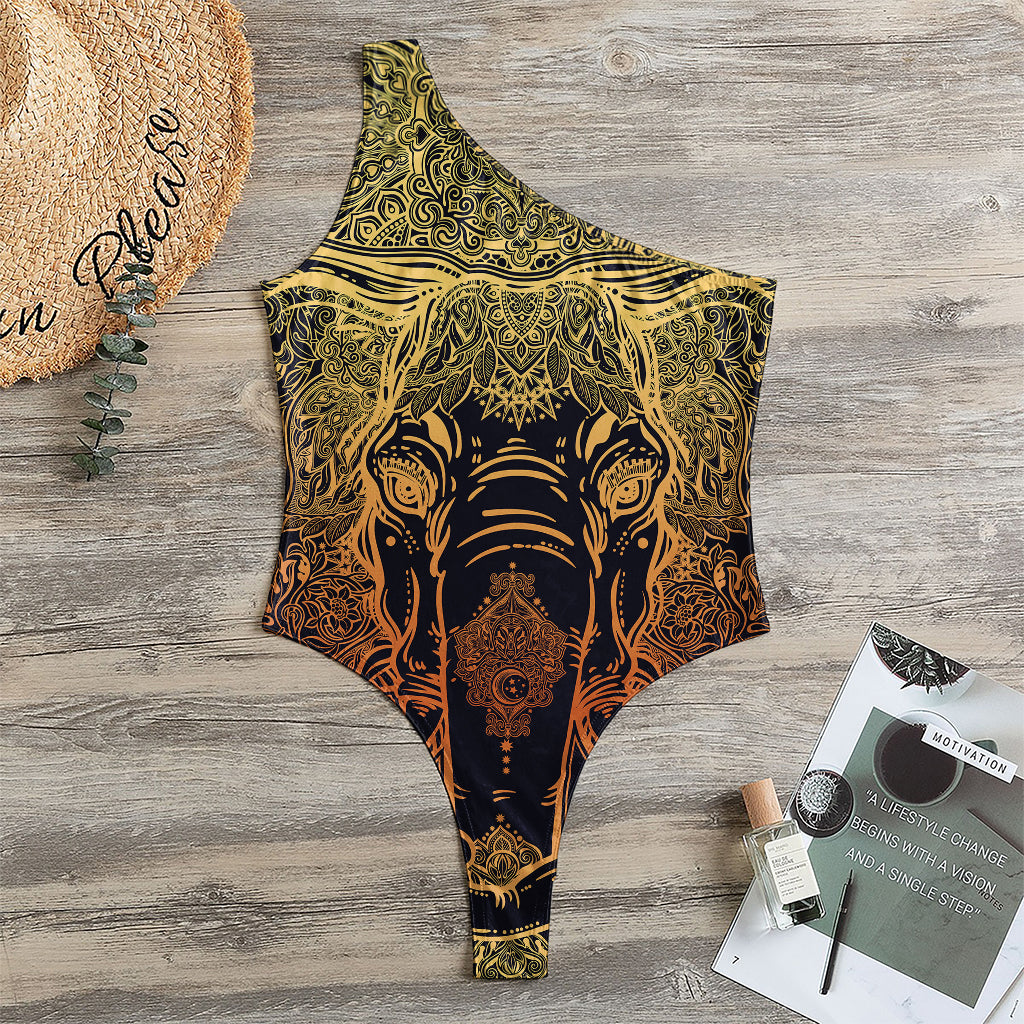 Spiritual Elephant Mandala Print One Shoulder Bodysuit