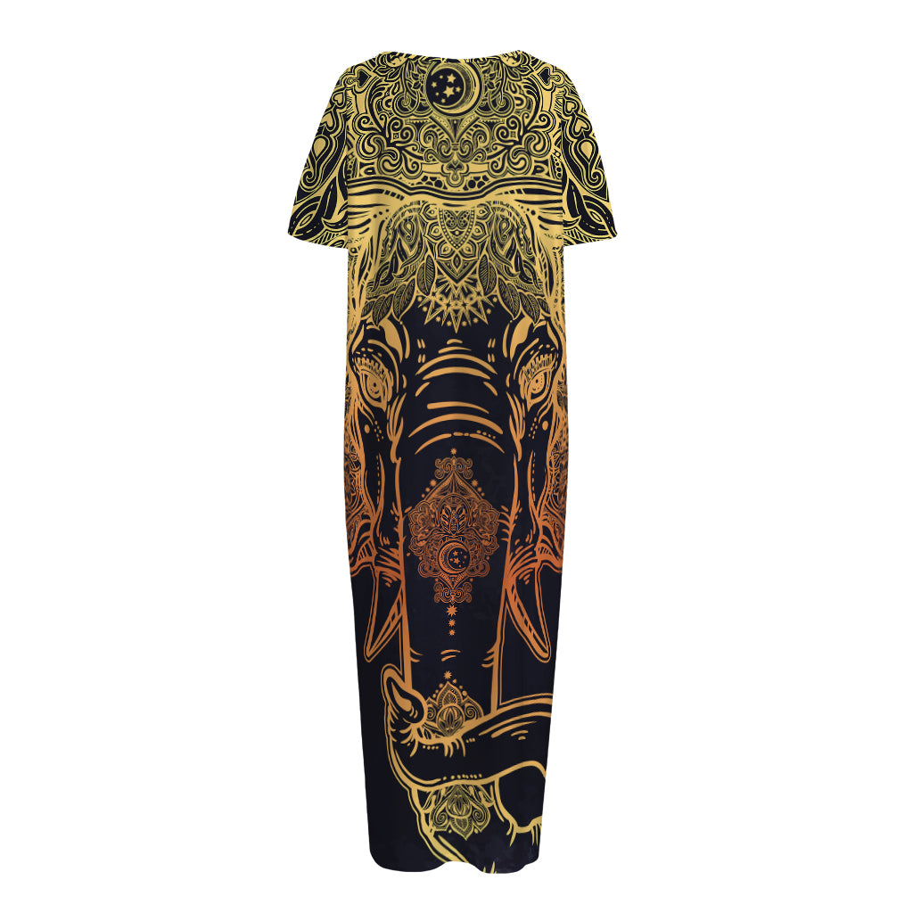 Spiritual Elephant Mandala Print Short Sleeve Long Nightdress