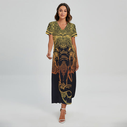 Spiritual Elephant Mandala Print Short Sleeve Maxi Dress