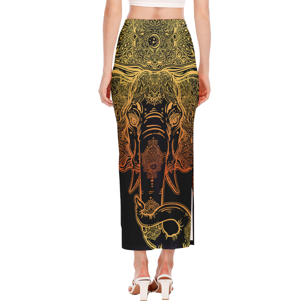 Spiritual Elephant Mandala Print Side Slit Maxi Skirt