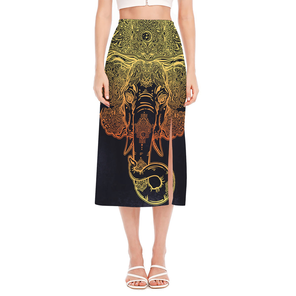 Spiritual Elephant Mandala Print Side Slit Midi Skirt