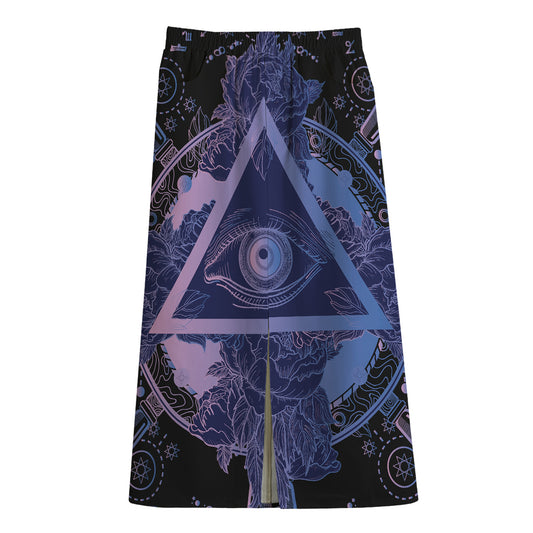 Spiritual Eye of Providence Print Cotton Front Slit Maxi Skirt