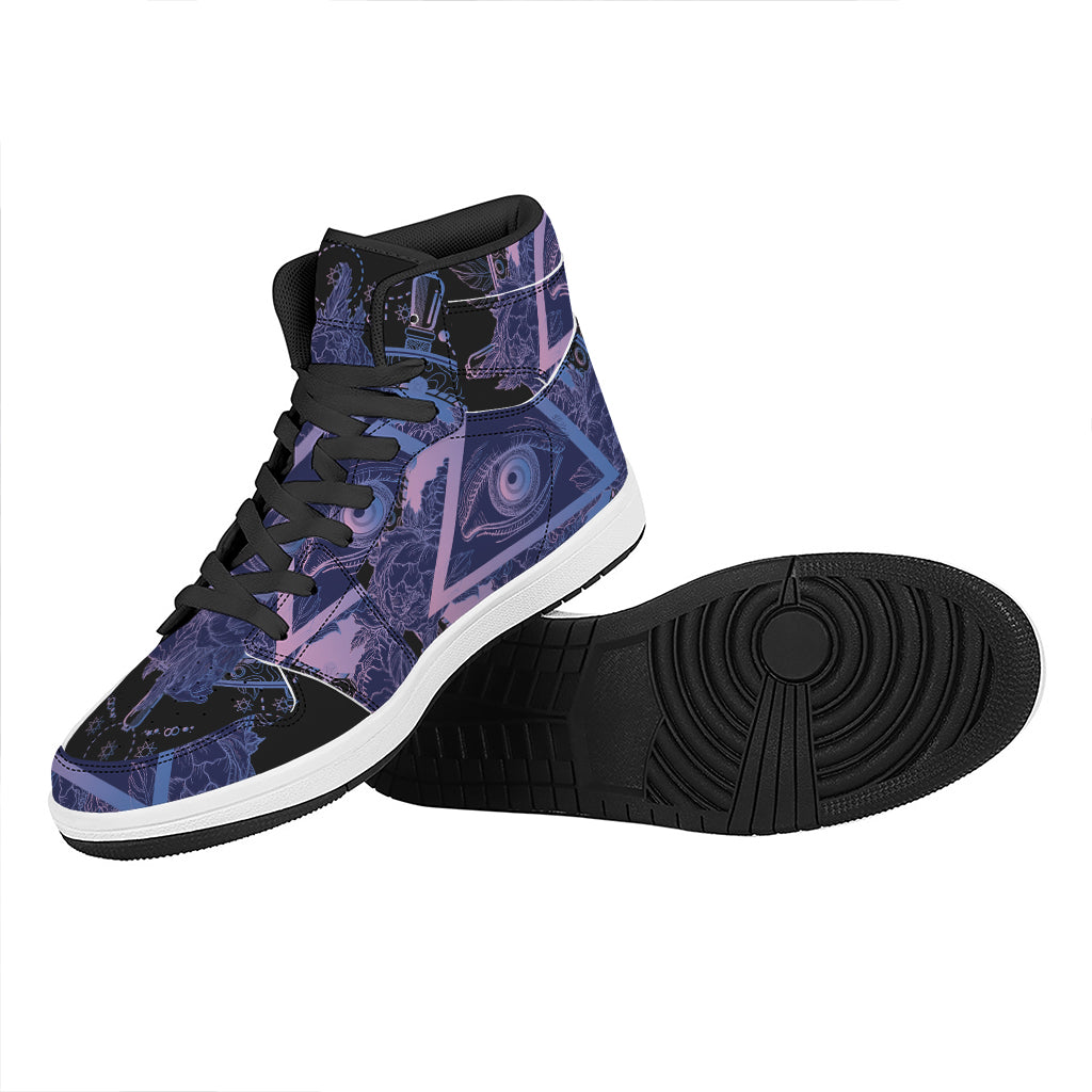 Spiritual Eye of Providence Print High Top Leather Sneakers