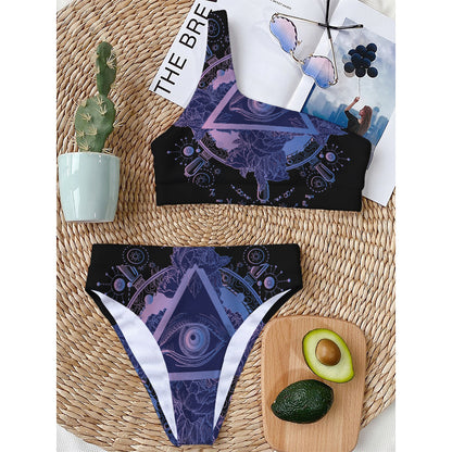 Spiritual Eye of Providence Print One Shoulder Bikini Top