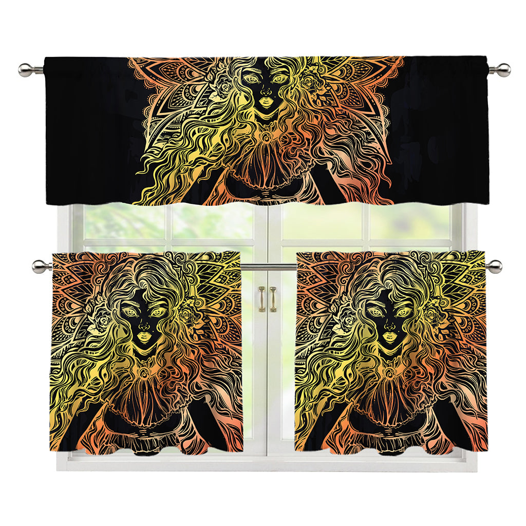 Spiritual Girl Mandala Print 3 Piece Kitchen Curtains