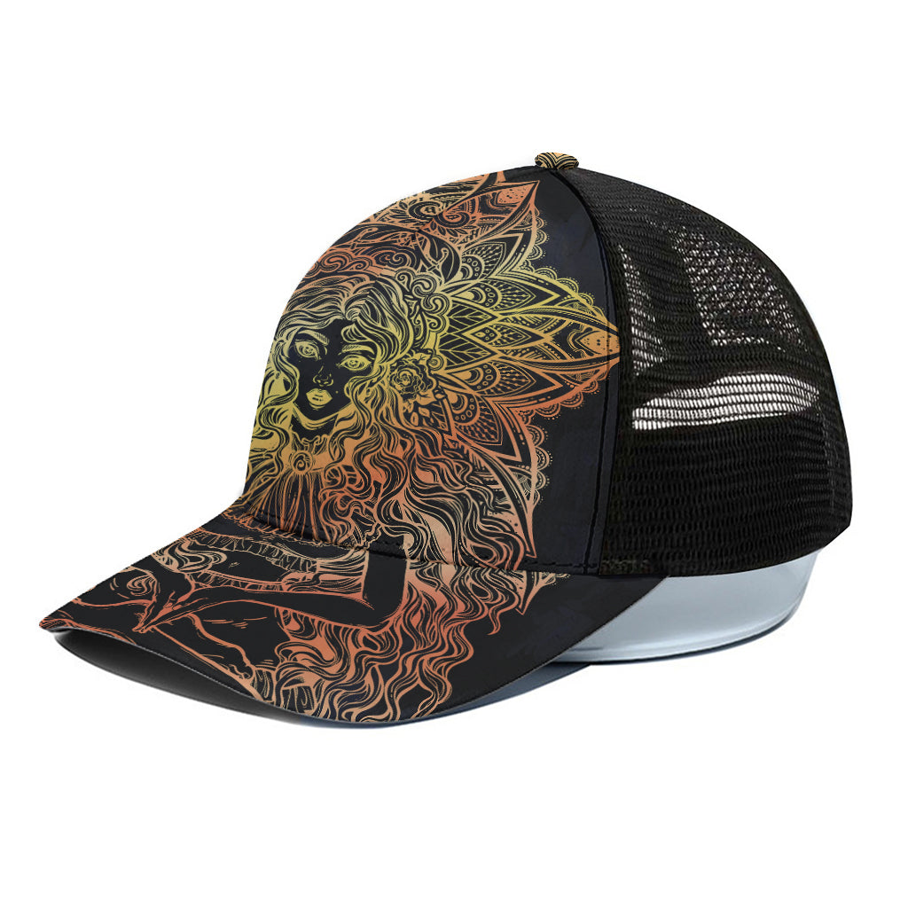 Spiritual Girl Mandala Print Black Mesh Trucker Cap
