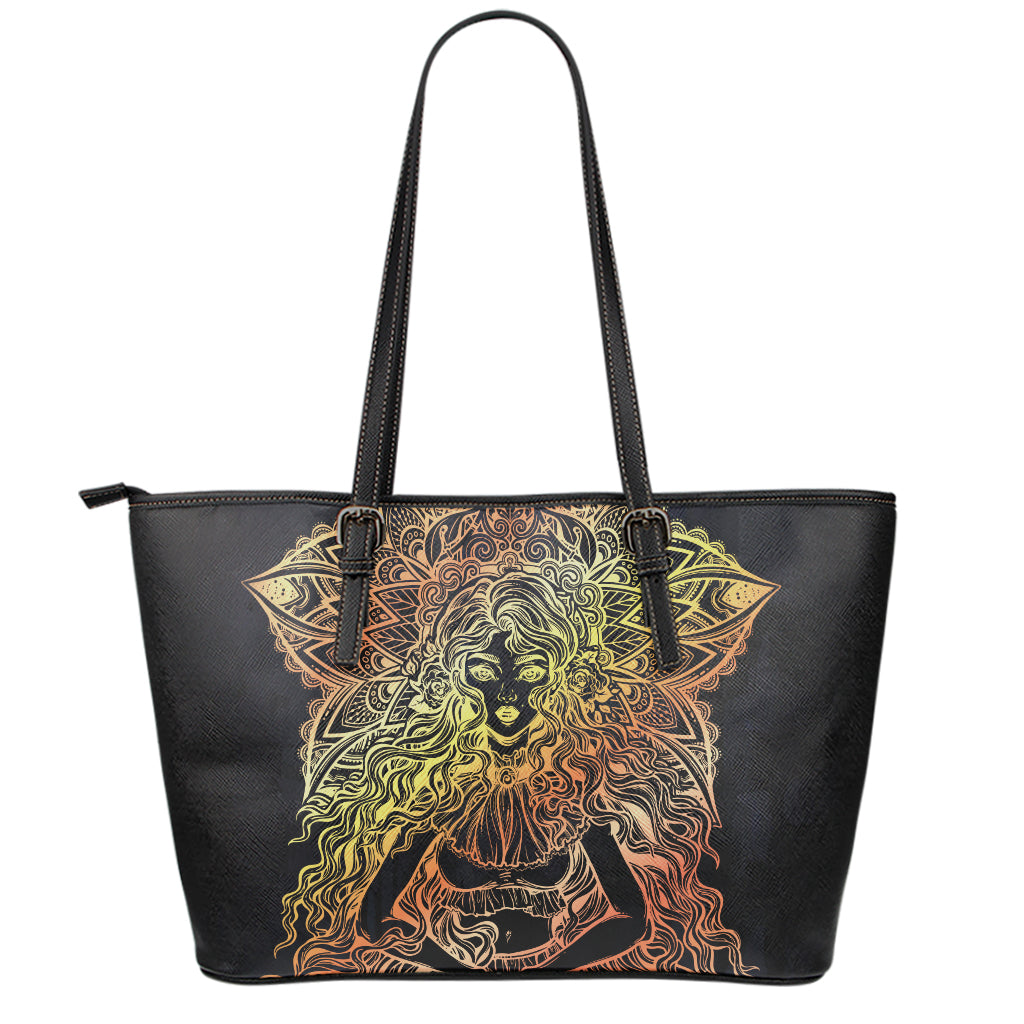 Spiritual Girl Mandala Print Leather Tote Bag