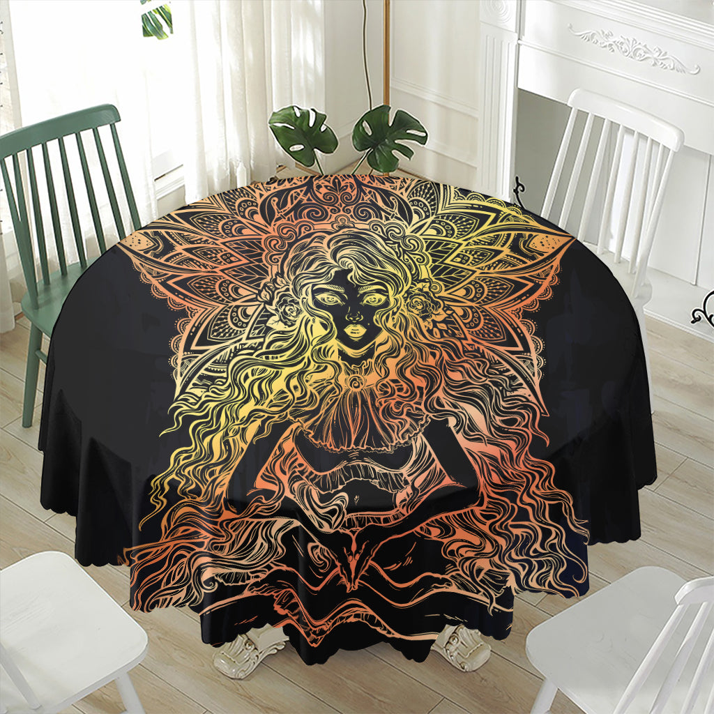 Spiritual Girl Mandala Print Waterproof Round Tablecloth