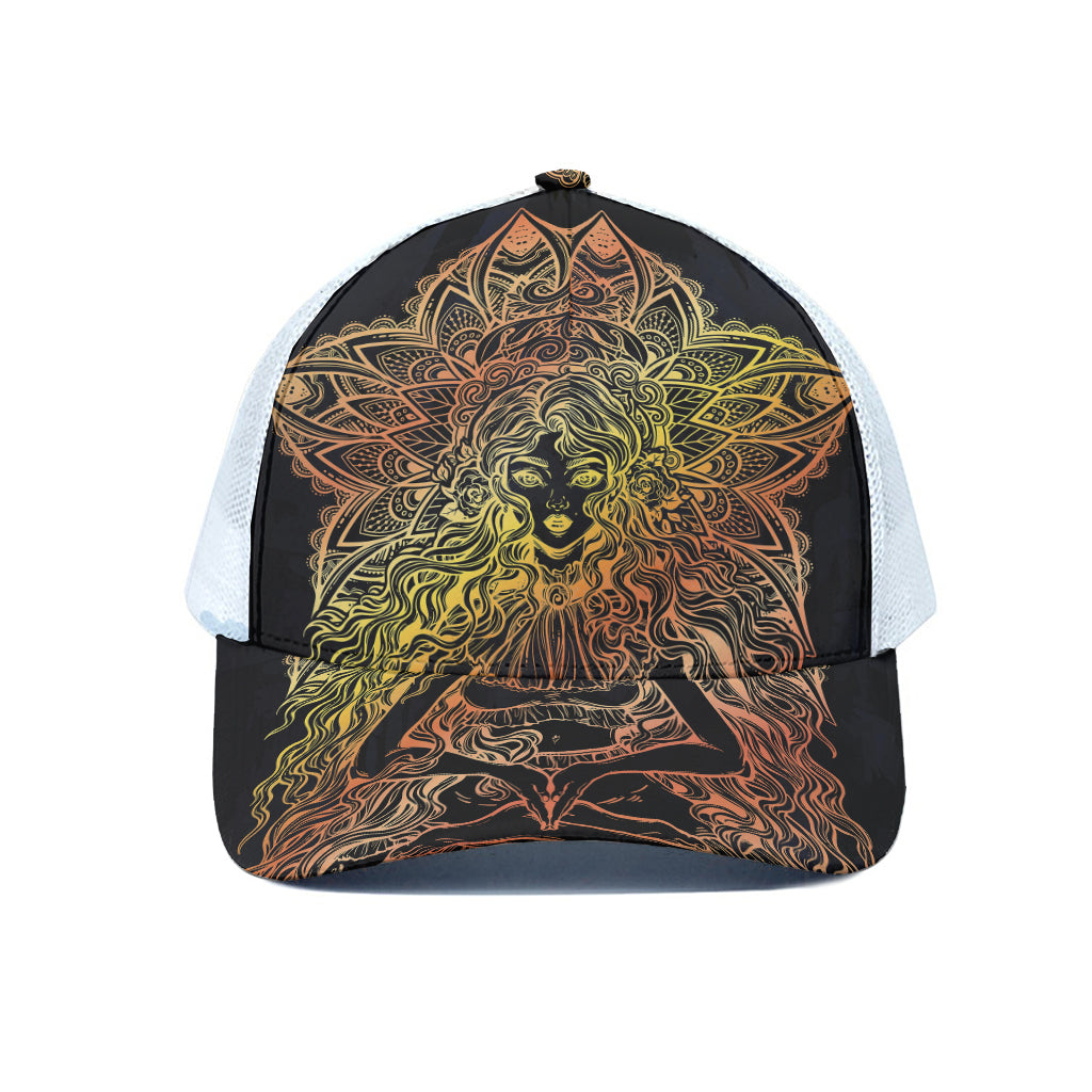 Spiritual Girl Mandala Print White Mesh Trucker Cap