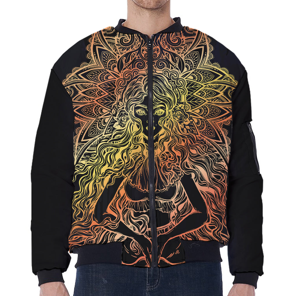 Spiritual Girl Mandala Print Zip Sleeve Bomber Jacket