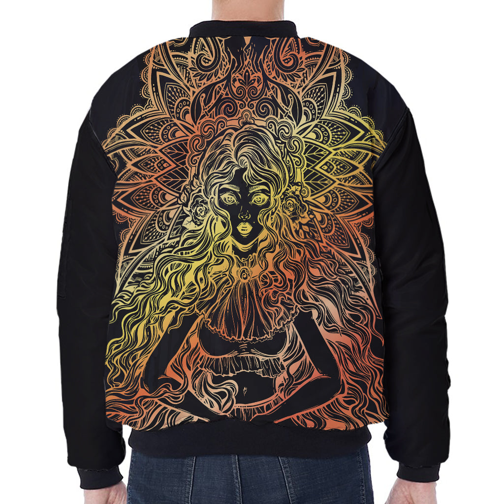 Spiritual Girl Mandala Print Zip Sleeve Bomber Jacket