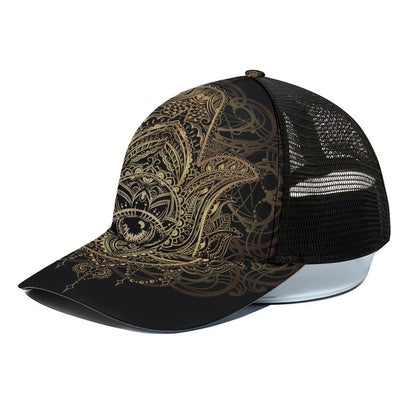 Spiritual Hamsa Hand Of Fatima Print Black Mesh Trucker Cap