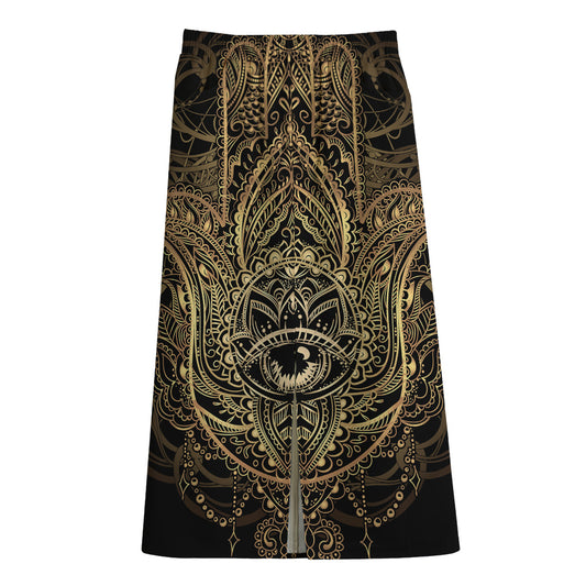 Spiritual Hamsa Hand Of Fatima Print Cotton Front Slit Maxi Skirt