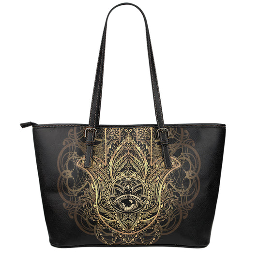 Spiritual Hamsa Hand Of Fatima Print Leather Tote Bag