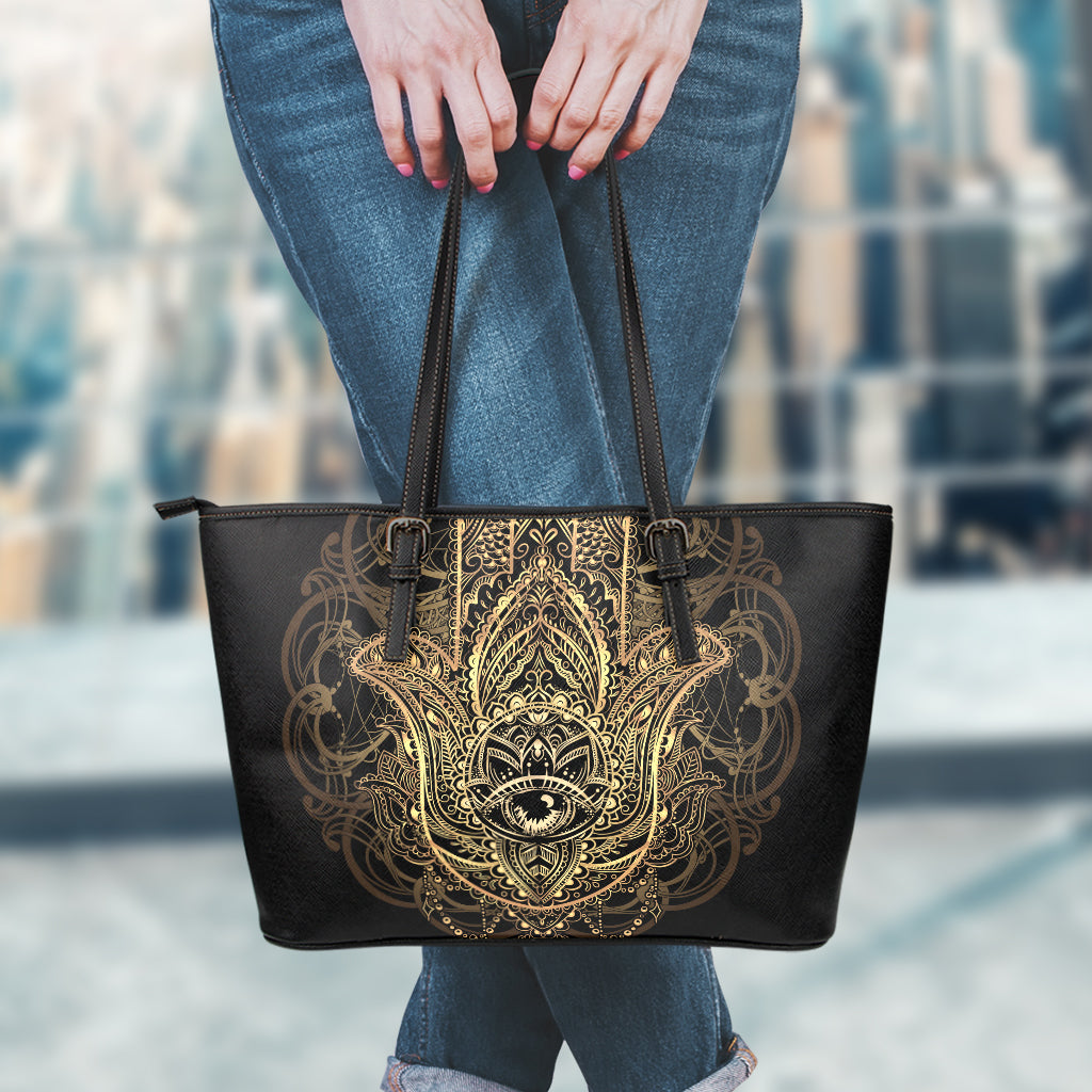 Spiritual Hamsa Hand Of Fatima Print Leather Tote Bag