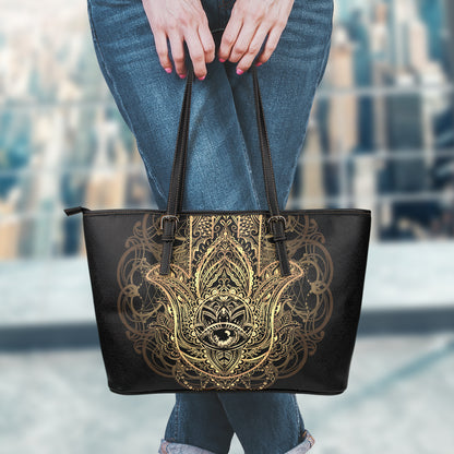 Spiritual Hamsa Hand Of Fatima Print Leather Tote Bag