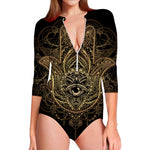 Spiritual Hamsa Hand Of Fatima Print Long Sleeve Swimsuit