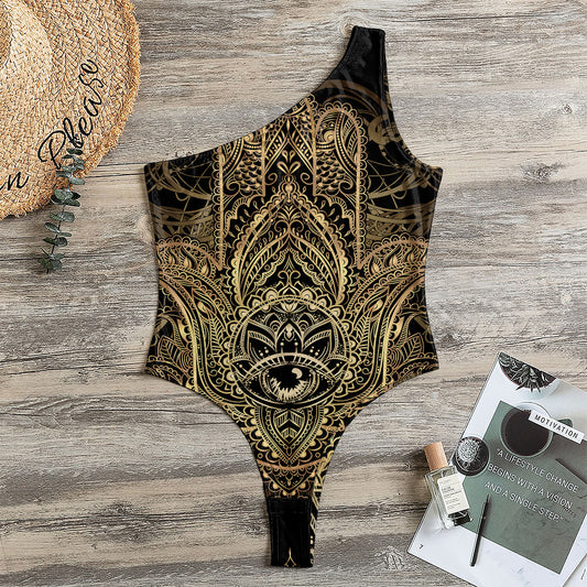 Spiritual Hamsa Hand Of Fatima Print One Shoulder Bodysuit