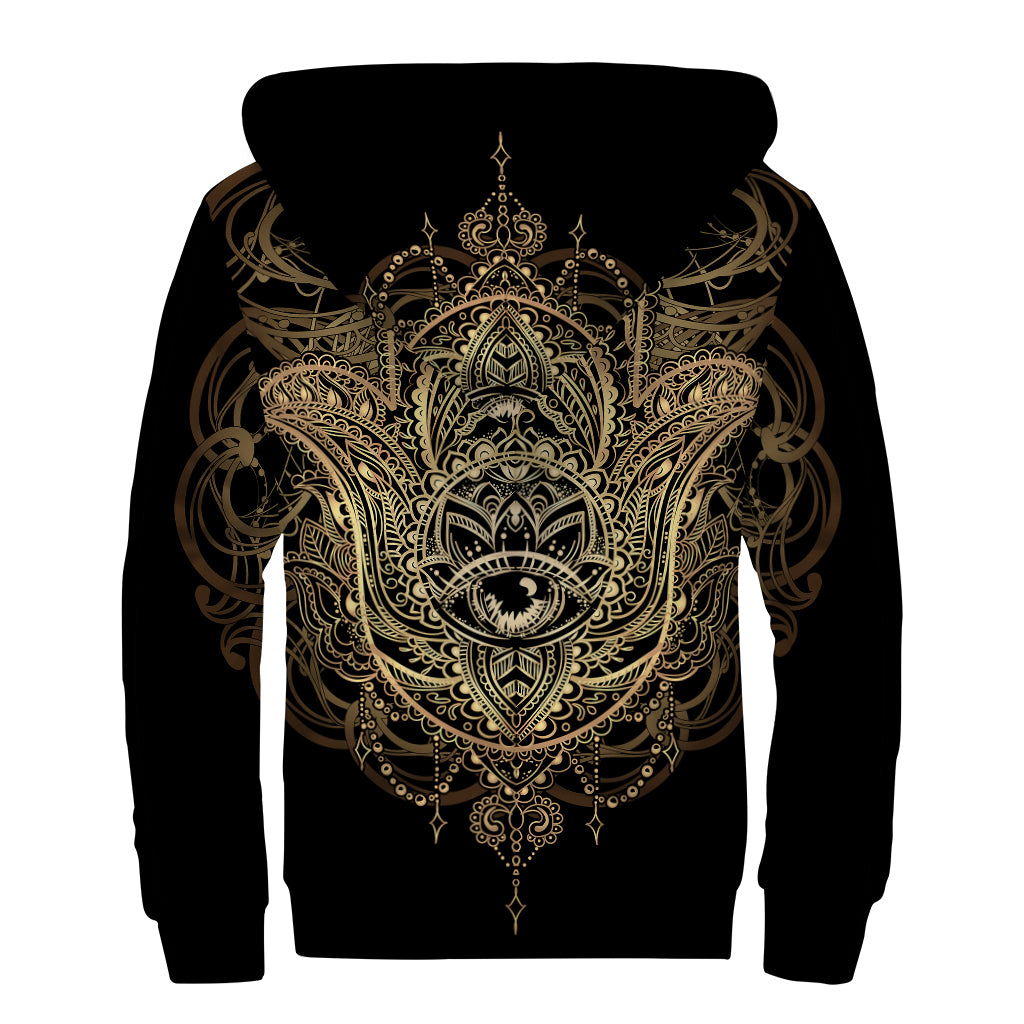 Spiritual Hamsa Hand Of Fatima Print Sherpa Lined Zip Up Hoodie