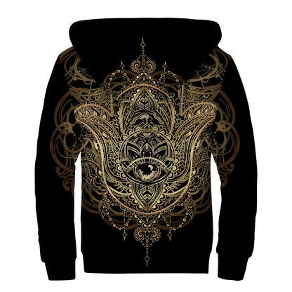Spiritual Hamsa Hand Of Fatima Print Sherpa Lined Zip Up Hoodie