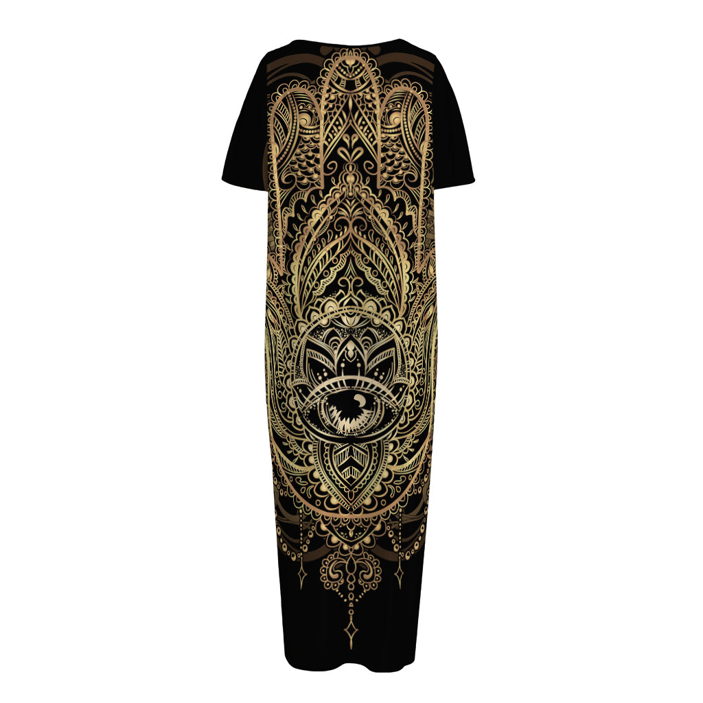 Spiritual Hamsa Hand Of Fatima Print Short Sleeve Long Nightdress