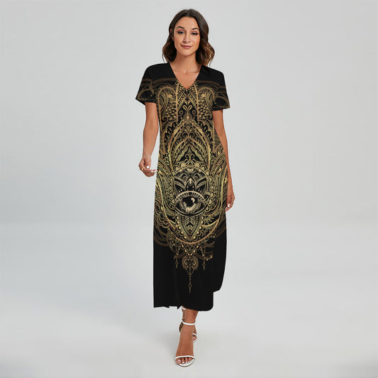 Spiritual Hamsa Hand Of Fatima Print Short Sleeve Maxi Dress