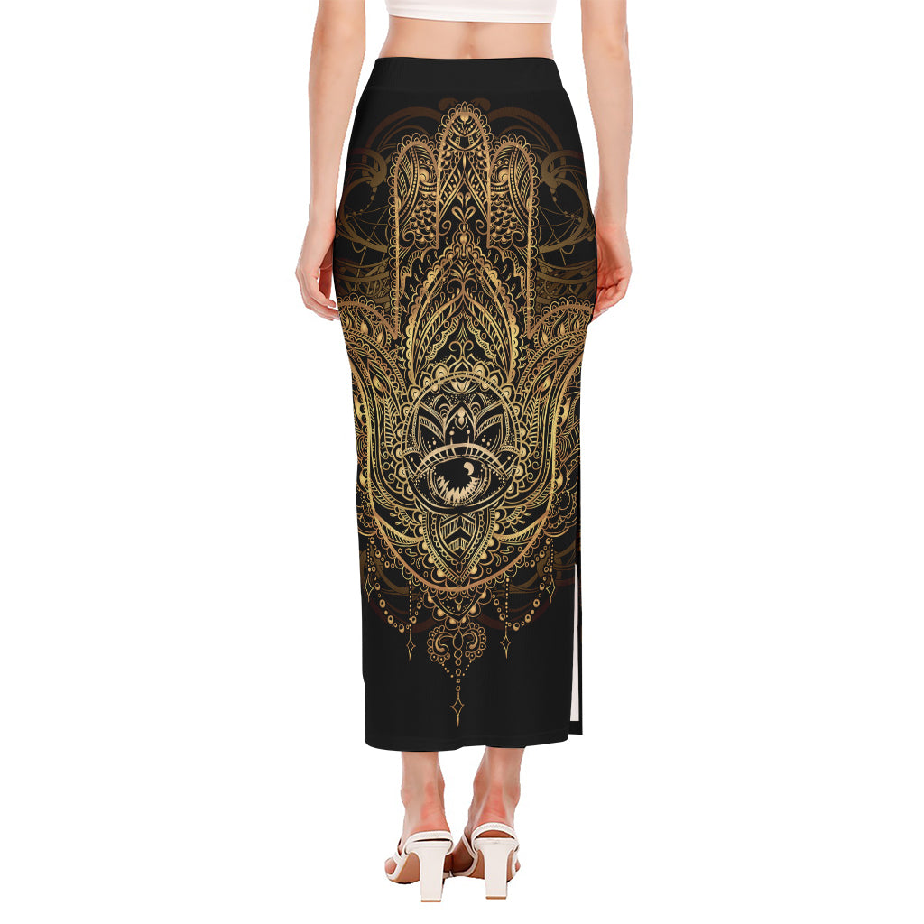 Spiritual Hamsa Hand Of Fatima Print Side Slit Maxi Skirt