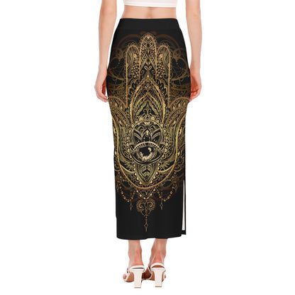 Spiritual Hamsa Hand Of Fatima Print Side Slit Maxi Skirt