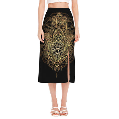 Spiritual Hamsa Hand Of Fatima Print Side Slit Midi Skirt