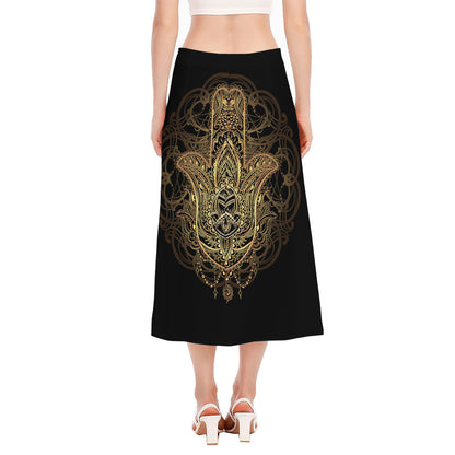 Spiritual Hamsa Hand Of Fatima Print Side Slit Midi Skirt