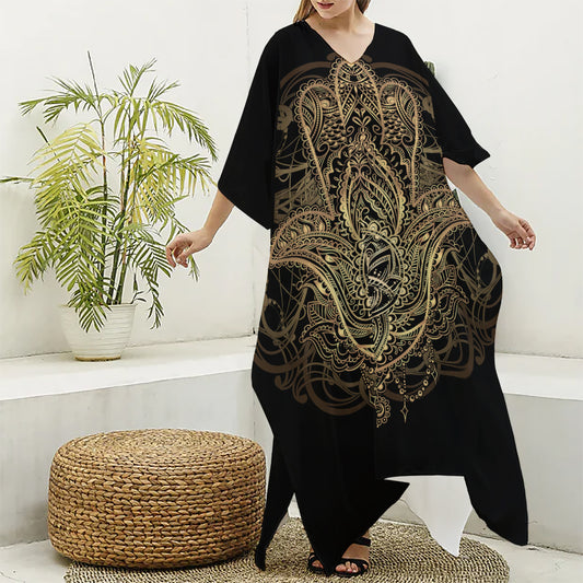 Spiritual Hamsa Hand Of Fatima Print Silk V-Neck Kaftan Dress