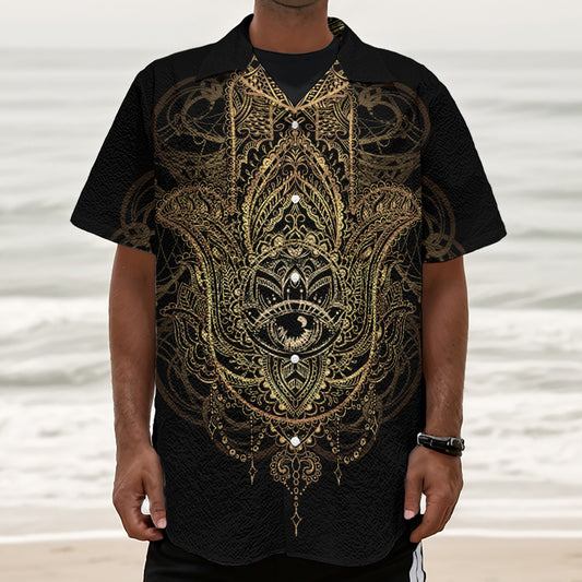 Spiritual Hamsa Hand Of Fatima Print Textured Short Sleeve Shirt