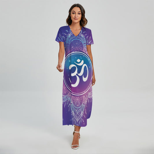 Spiritual Om Mandala Print Short Sleeve Maxi Dress