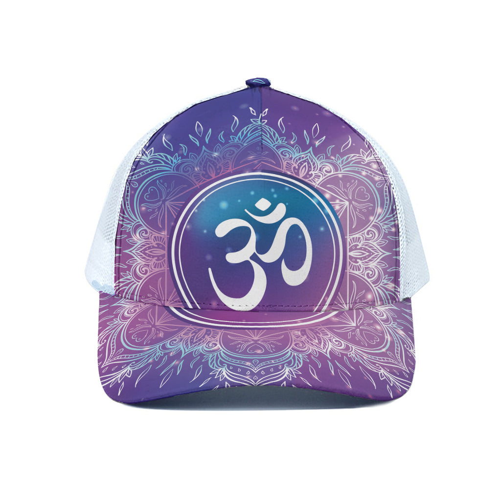 Spiritual Om Mandala Print White Mesh Trucker Cap