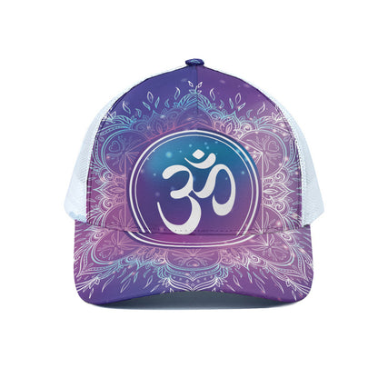 Spiritual Om Mandala Print White Mesh Trucker Cap