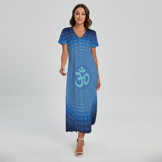 Spiritual Om Sign Print Short Sleeve Maxi Dress