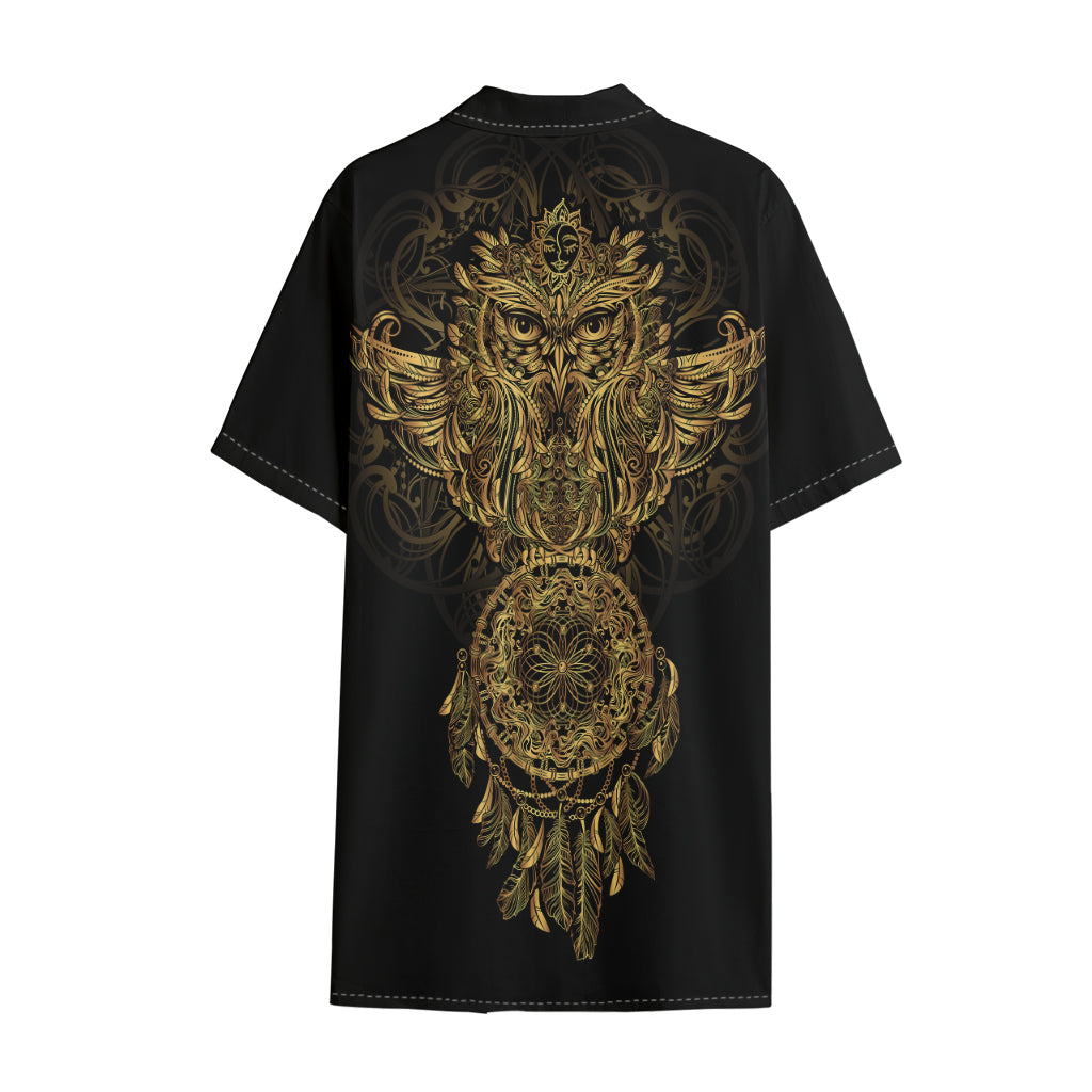 Spiritual Owl With Dreamcatcher Print Cotton Hawaiian Shirt