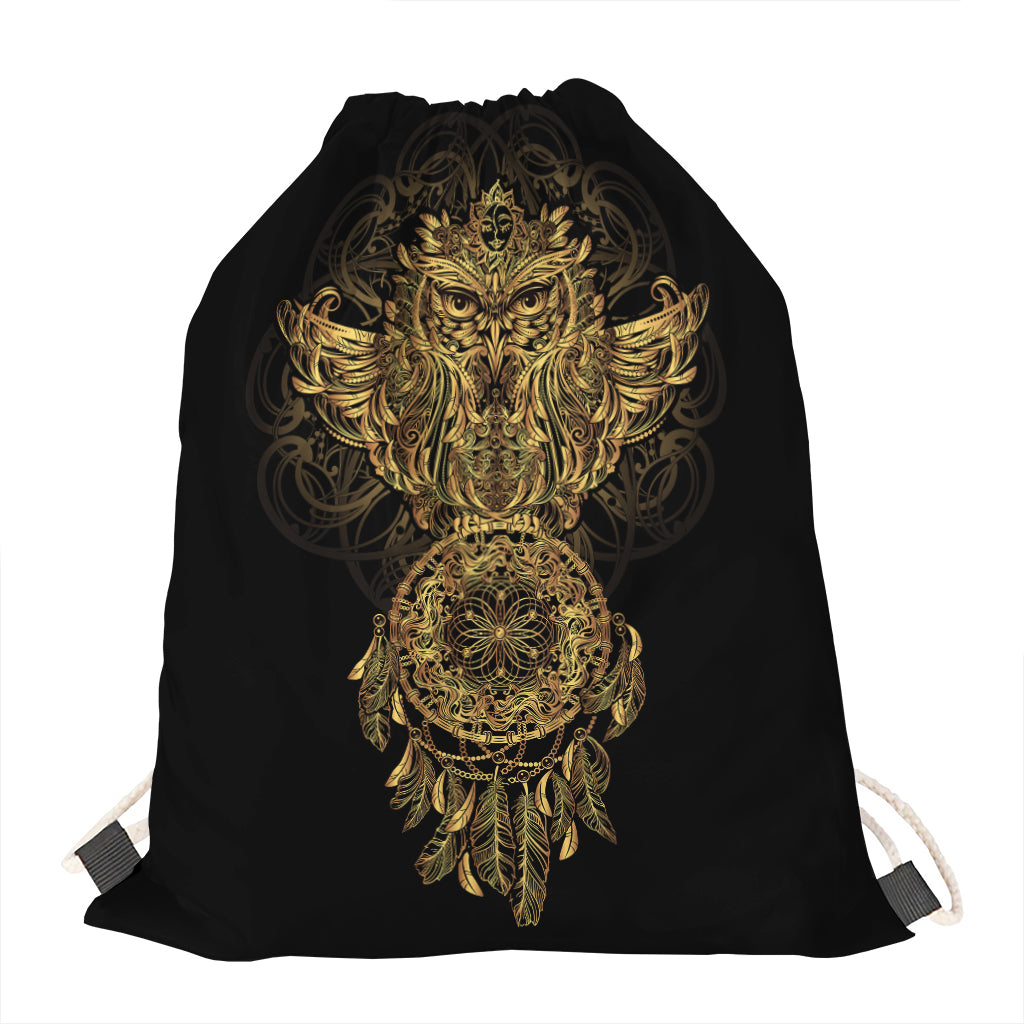 Spiritual Owl With Dreamcatcher Print Drawstring Bag