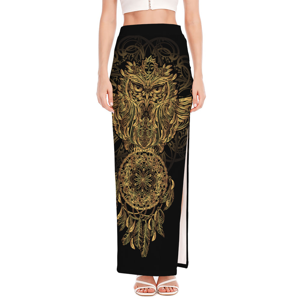 Spiritual Owl With Dreamcatcher Print High Slit Maxi Skirt