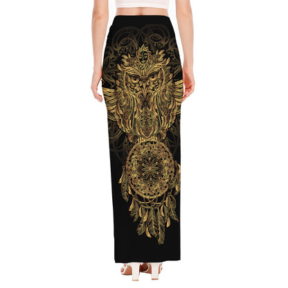 Spiritual Owl With Dreamcatcher Print High Slit Maxi Skirt