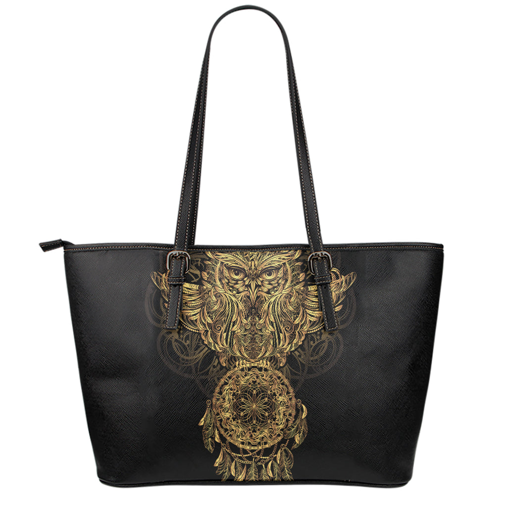 Spiritual Owl With Dreamcatcher Print Leather Tote Bag