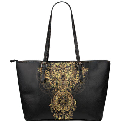 Spiritual Owl With Dreamcatcher Print Leather Tote Bag