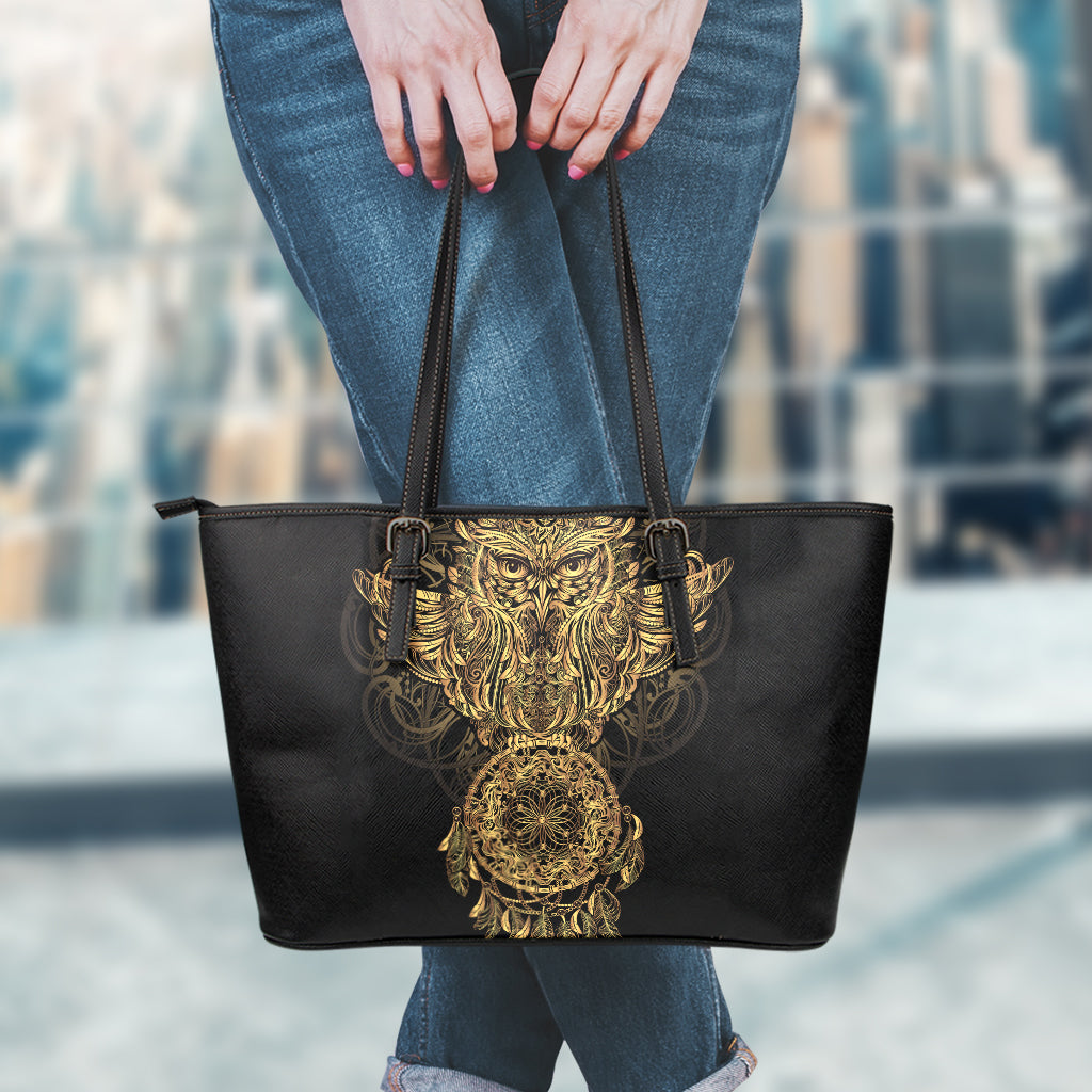 Spiritual Owl With Dreamcatcher Print Leather Tote Bag
