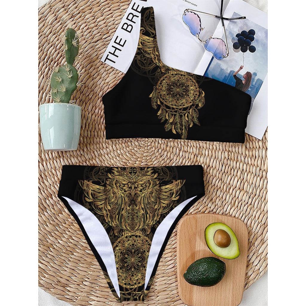 Spiritual Owl With Dreamcatcher Print One Shoulder Bikini Top