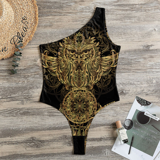 Spiritual Owl With Dreamcatcher Print One Shoulder Bodysuit