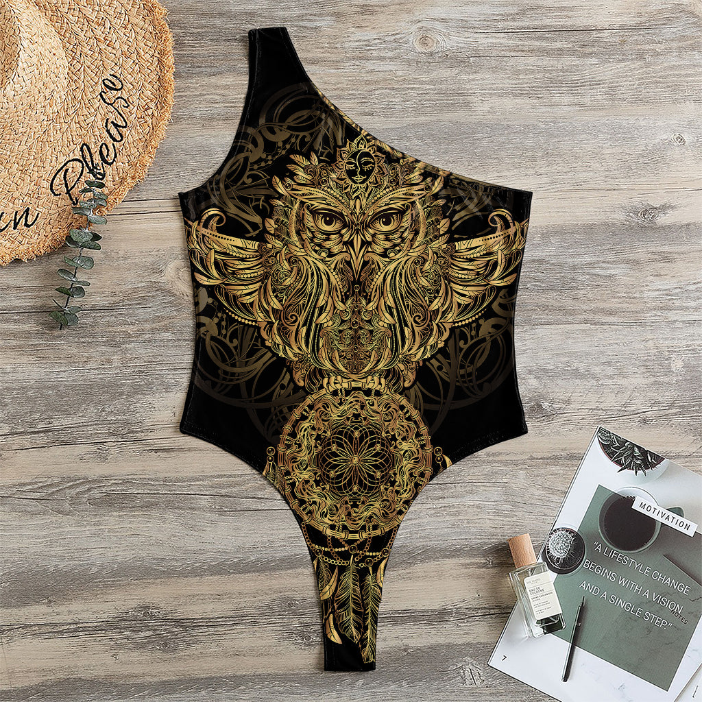 Spiritual Owl With Dreamcatcher Print One Shoulder Bodysuit