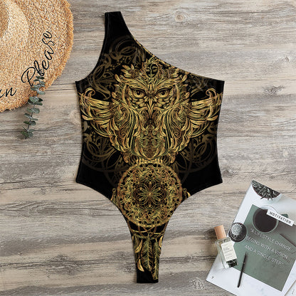 Spiritual Owl With Dreamcatcher Print One Shoulder Bodysuit
