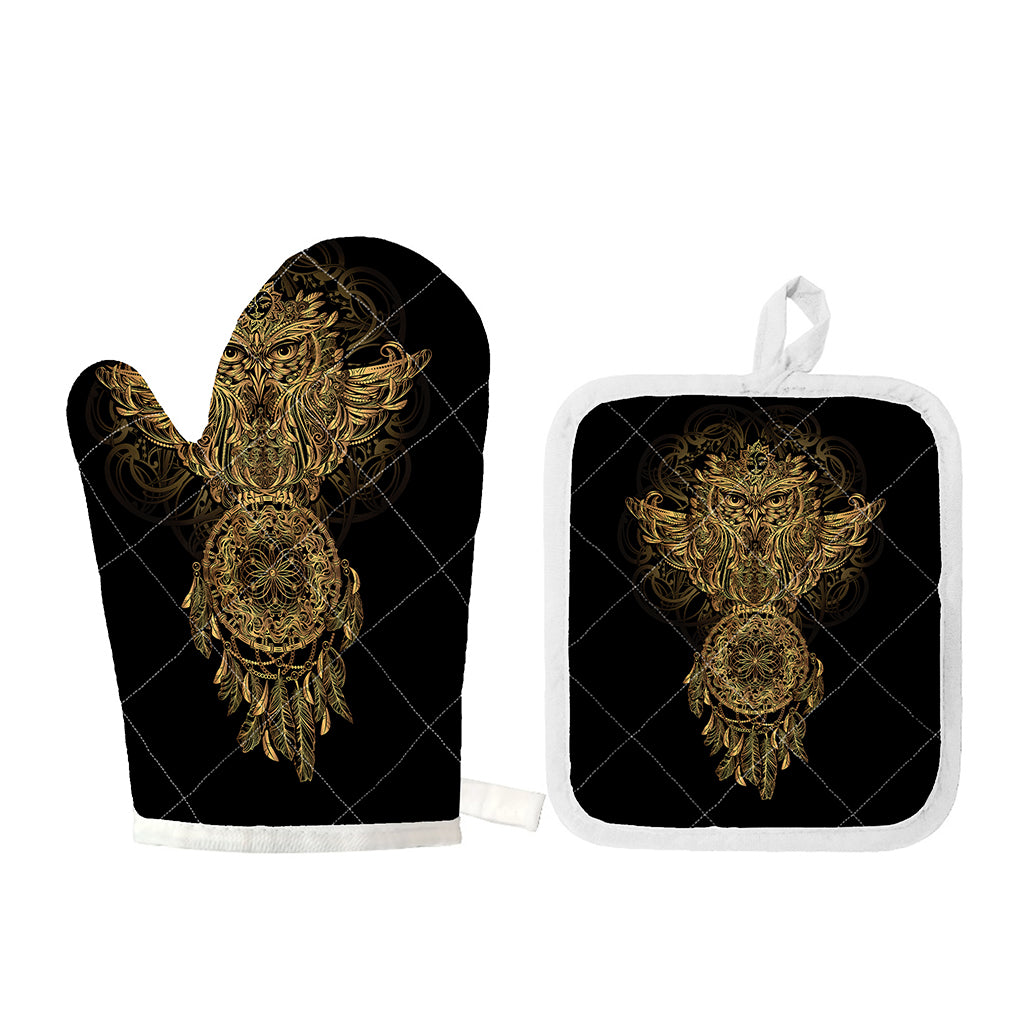 Spiritual Owl With Dreamcatcher Print Oven Mitt And Pot Holder Set